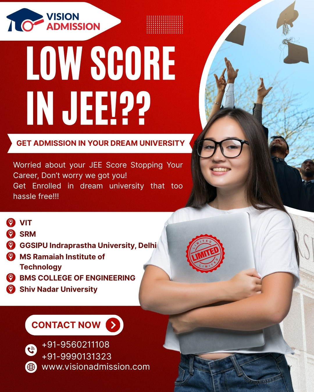 Vision Admission poster offering expert B.Tech admission guidance for IP University, Shiv Nadar, VIT, SRM, and BMS after JEE Mains results for students in Delhi NCR.